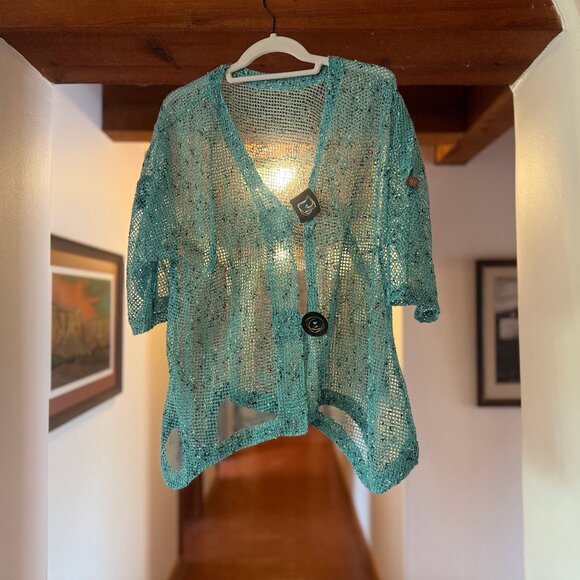 Hand crochet turquoise jacket w unique buttons XL NWOT - Picture 3 of 5